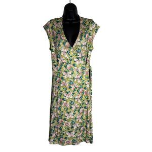 Floral Wrap V-Neck Midi Dress With Cap Sleeves & Adjustable Waist Tie